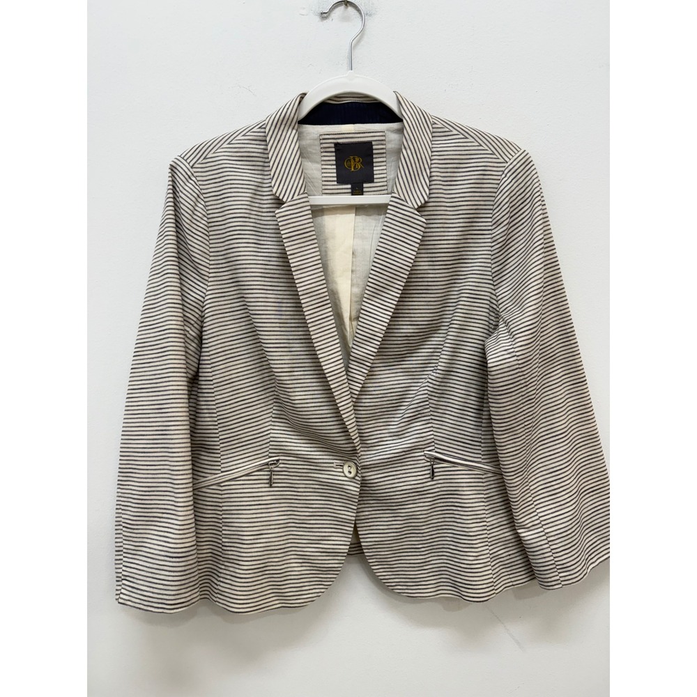 Banana Republic Blazer Large Navy Cream Striped Single Button Zip Pockets